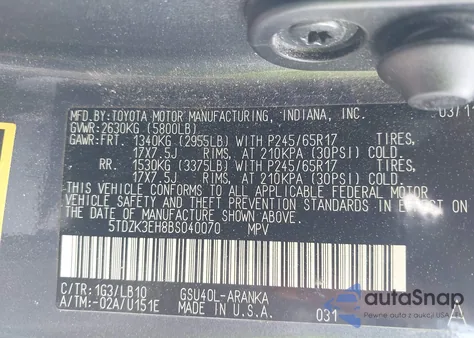 2011 Toyota Highlander Se V6 из США, поврежденный, VIN 5TDZK3EH8BS040070